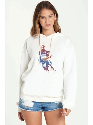 Qivi Sixers Basketbolcu Baskılı Beyaz Kadın Örme Kapşonlu Sweatshirt Uzun Kol