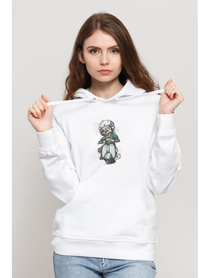 Qivi Scooter Vector Mod Vespa Illustration On Baskılı Beyaz Kadın Örme Kapşonlu Sweatshirt Uzun Kol