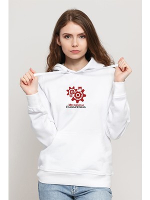 Qivi Mechanical Engineering Logo Baskılı Beyaz Kadın Örme Kapşonlu Sweatshirt Uzun Kol