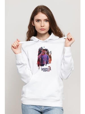 Qivi Stranger Things Dustin Wallpaper Baskılı Kadın Örme Kapüşonlu Beyaz Sweatshirt Uzun Kol