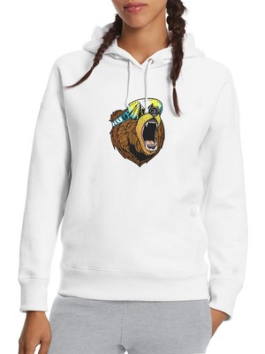Qivi Cool Anime Baskılı Beyaz Kadın Örme Kapşonlu Sweatshirt Uzun Kol