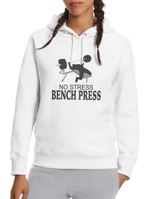 Qivi No Stress Bench Press Baskılı Beyaz Kadın Örme Kapşonlu Sweatshirt Uzun Kol