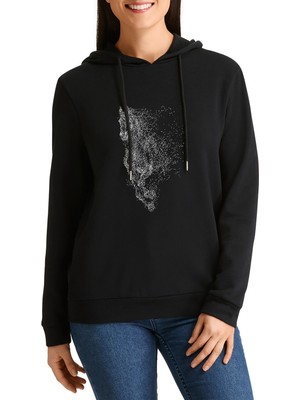 Qivi At Suliet Baskılı Siyah Kadın Örme Kapşonlu Sweatshirt Uzun Kol
