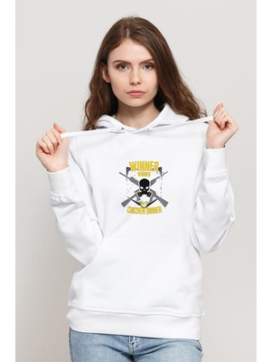 Qivi Pubg Kurukafa Sarı Gri Baskılı Beyaz Kadın Örme Kapşonlu Sweatshirt Uzun Kol