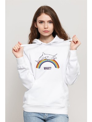 Qivi What Baskılı Beyaz Kadın Örme Kapşonlu Sweatshirt Uzun Kol
