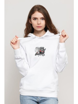 Qivi Route 66 Motosiklet Bisiklet Baskılı Beyaz Kadın Örme Kapşonlu Sweatshirt Uzun Kol