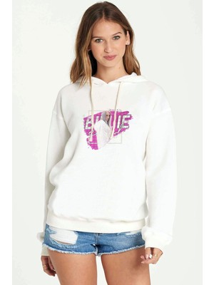 Qivi Billi E Eilish Logosu Blosh Baskılı Beyaz Kadın Örme Kapşonlu Sweatshirt Uzun Kol