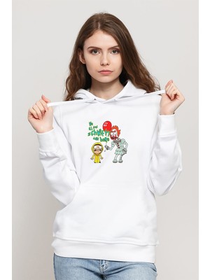 Qivi We All See And Morty Clown Baskılı Beyaz Kadın Örme Kapşonlu Sweatshirt Uzun Kol