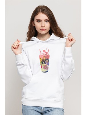 Qivi Riverdale Milkshake Baskılı Kadın Örme Kapüşonlu Beyaz Sweatshirt Uzun Kol