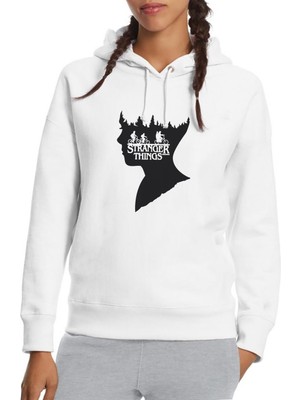 Qivi Stranger Things Baskılı Beyaz Kadın Örme Kapşonlu Sweatshirt Uzun Kol