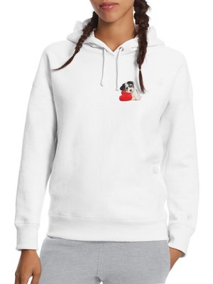 Qivi Sevimli Köpek Love Baskılı Beyaz Kadın Örme Kapşonlu Sweatshirt Uzun Kol