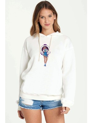 Qivi Riverdale Toni Topaz Baskılı Kadın Örme Kapüşonlu Beyaz Sweatshirt Uzun Kol