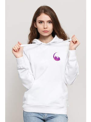 Qivi Watercolor Crescent Mosque Baskılı Kadın Örme Kapüşonlu Beyaz Sweatshirt Uzun Kol