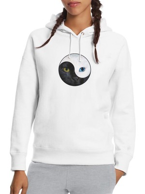 Qivi Ying Yang Cat Kedi Baskılı Beyaz Kadın Örme Kapşonlu Sweatshirt Uzun Kol