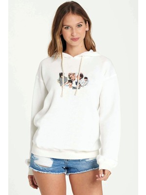 Qivi Kpop Aesthetic Shinee Baskılı Kadın Örme Kapüşonlu Beyaz Sweatshirt Uzun Kol