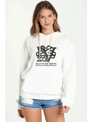 Qivi Black Veil Brides Baskılı Beyaz Kadın Örme Kapşonlu Sweatshirt Uzun Kol