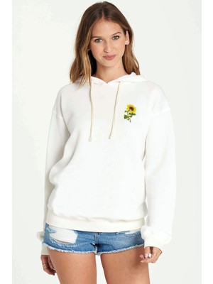 Qivi Watercolor Sunflower Baskılı Kadın Örme Kapüşonlu Beyaz Sweatshirt Uzun Kol