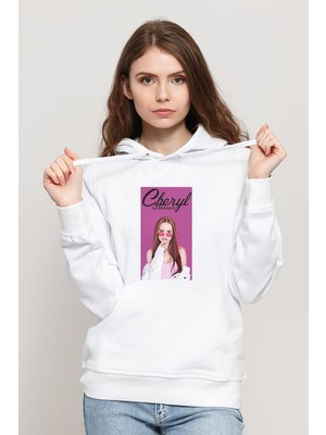 Qivi Riverdale Cheryl Blossom Baskılı Beyaz Kadın Örme Kapşonlu Sweatshirt Uzun Kol