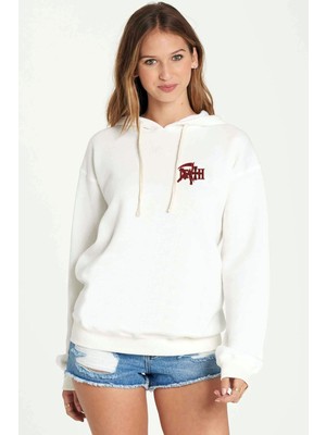 Qivi Death Logo Gögüs Baskılı Beyaz Kadın Örme Kapşonlu Sweatshirt Uzun Kol