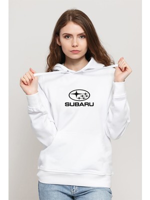 Qivi Araba Subaru Logo Baskılı Beyaz Kadın Örme Kapşonlu Sweatshirt Uzun Kol