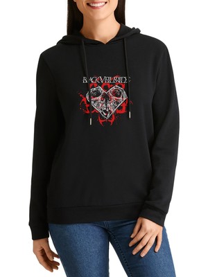 Qivi Black Veil Brides Brides Baskılı Siyah Kadın Örme Kapşonlu Sweashirt Uzun Kol