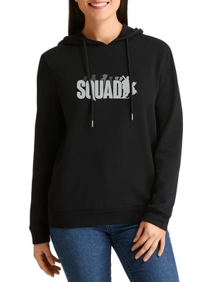Qivi Black Squad Baskılı Siyah Kadın Örme Kapşonlu Sweatshirt Uzun Kol