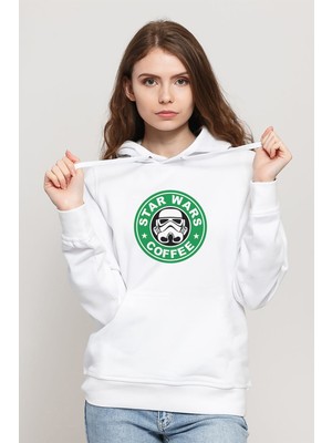 Qivi Star Coffee Baskılı Beyaz Kadın Örme Kapşonlu Sweatshirt Uzun Kol
