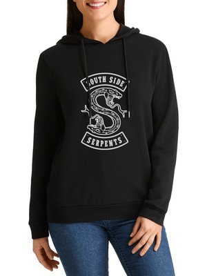 Qivi Riverdale South Side Snake Baskılı Siyah Kadın Örme Kapşonlu Sweatshirt Uzun Kol