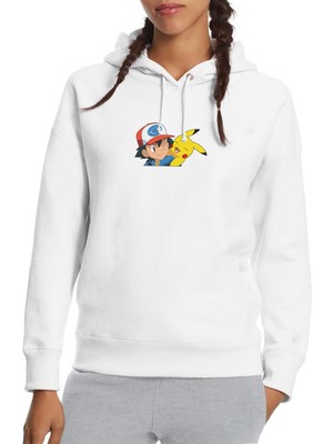 Qivi Pokemon Kül ve Pikachu Pikachu Gülen Baskılı Beyaz Kadın Örme Kapşonlu Sweatshirt Uzun Kol