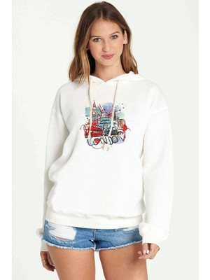 Qivi Big Ben Otobüs Londra Landmark Baskılı Beyaz Kadın Örme Kapşonlu Sweatshirt Uzun Kol