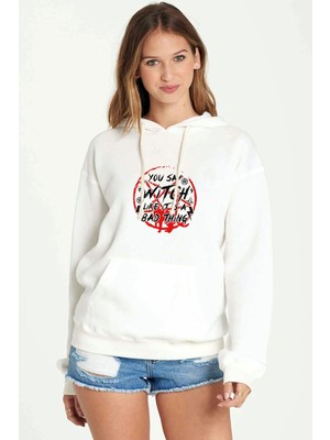 Qivi Chilling Adventures Of Sabrina You Say Witch Baskılı Beyaz Kadın Örme Kapşonlu Sweatshirt Uzun Kol