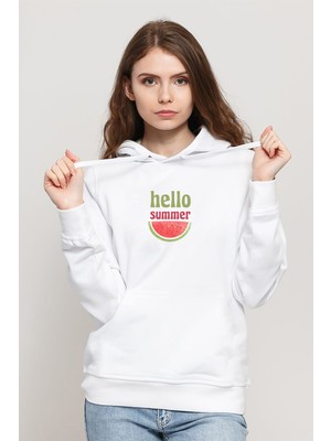 Qivi Hello Summer Baskılı Beyaz Kadın Örme Kapşonlu Sweatshirt Uzun Kol