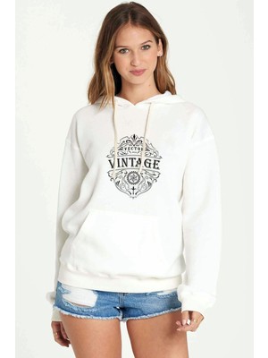 Qivi 1975 Vintage Baskılı Beyaz Kadın Örme Kapşonlu Sweatshirt Uzun Kol