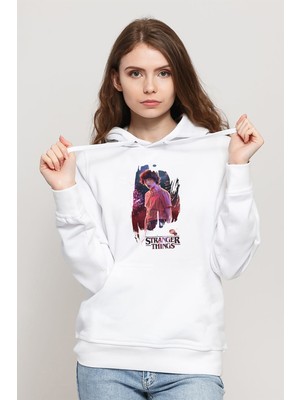 Qivi Stranger Things Mike Wallpaper Baskılı Kadın Örme Kapüşonlu Beyaz Sweatshirt Uzun Kol