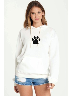 Qivi Silhouette Paw Baskılı Beyaz Kadın Örme Kapşonlu Sweatshirt Uzun Kol