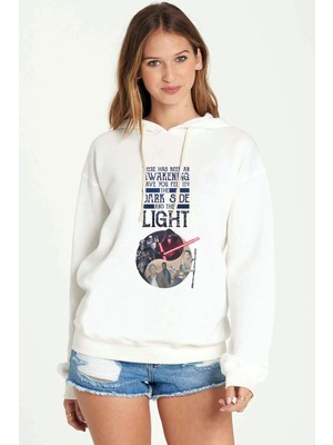 Qivi Dark Side Light Baskılı Beyaz Kadın Örme Kapşonlu Sweatshirt Uzun Kol