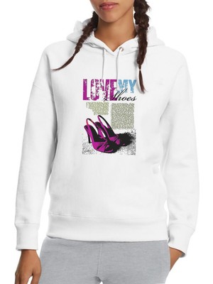 Qivi Love My Shoes Baskılı Beyaz Kadın Örme Kapşonlu Sweatshirt Uzun Kol