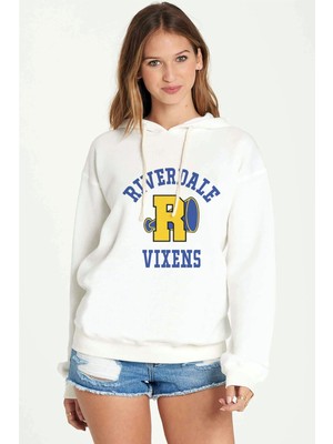 Qivi Riverdale R Vixens Baskılı Kadın Örme Kapüşonlu Beyaz Sweatshirt Uzun Kol