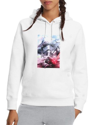 Qivi Wars Wallpaper Baskılı Beyaz Kadın Örme Kapşonlu Sweatshirt Uzun Kol