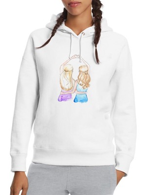 Qivi Friends Best Baskılı Beyaz Kadın Örme Kapşonlu Sweatshirt Uzun Kol