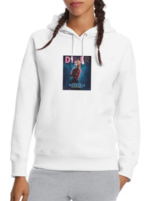 Qivi Riverdale Cheryl Blossom Baskılı Beyaz Kadın Örme Kapşonlu Sweatshirt Uzun Kol
