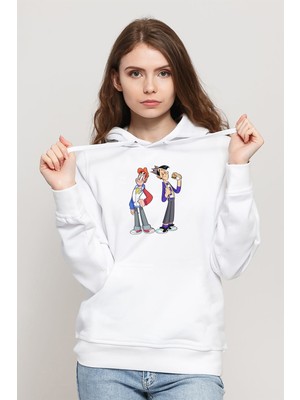 Qivi Riverdale Archie & Jughead Comic Baskılı Kadın Örme Kapüşonlu Beyaz Sweatshirt Uzun Kol