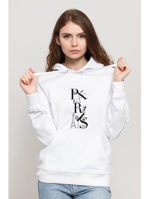 Qivi Paris Eiffel Tower Baskılı Beyaz Kadın Örme Kapşonlu Sweatshirt Uzun Kol