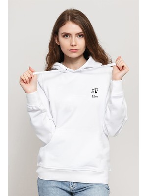 Qivi Terazi Burcu Baskılı Beyaz Kadın Örme Kapşonlu Sweatshirt Uzun Kol
