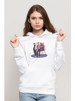 Qivi Riverdale Gang Upscaled Illustration Baskılı Kadın Örme Kapüşonlu Beyaz Sweatshirt Uzun Kol
