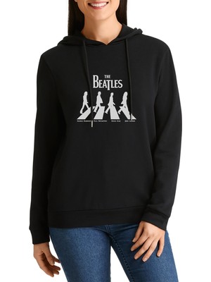 Qivi Abbey Road The Beatles Logo Müzik Beatles Baskılı Siyah Kadın Örme Kapşonlu Sweatshirt Uzun Kol