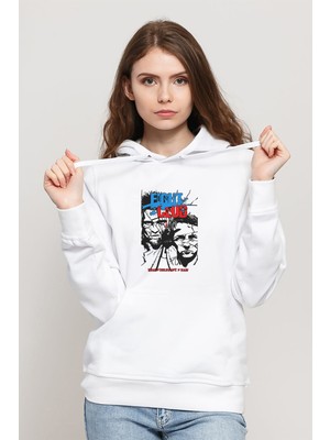 Qivi Fıght Club Rock Baskılı Beyaz Kadın Örme Kapşonlu Sweatshirt Uzun Kol