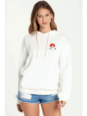Qivi Watercolor Volcano Yanar Dağ Baskılı Kadın Örme Kapüşonlu Beyaz Sweatshirt Uzun Kol