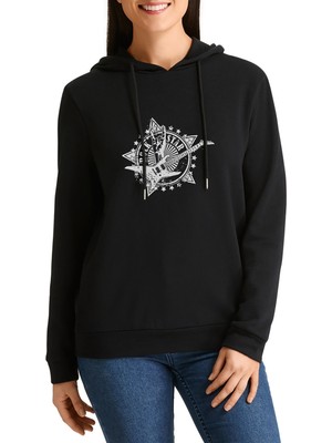 Qivi Rock Star Metal Rock Baskılı Siyah Kadın Örme Kapşonlu Sweatshirt Uzun Kol