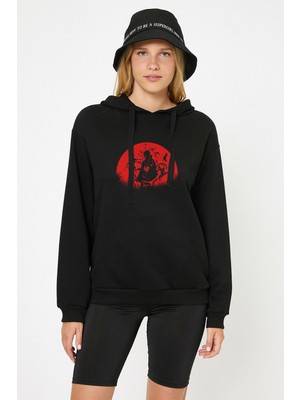 Qivi Uchiha Itachi Baskılı Siyah Kadın Örme Kapşonlu Sweatshirt Uzun Kol